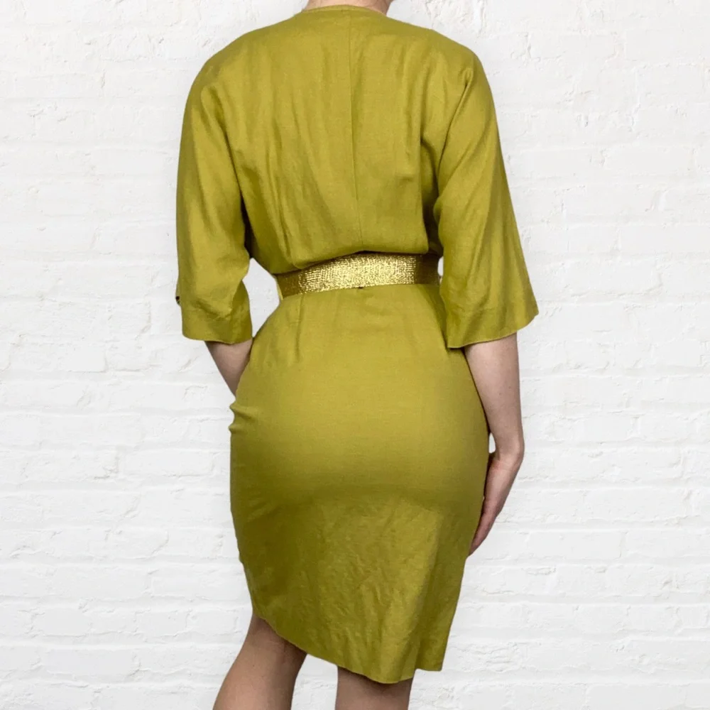VINTAGE | 1980’s Barbara Barbara Sheen Green Linen Blend Parisian Wrap Dress - Picture 2 of 12